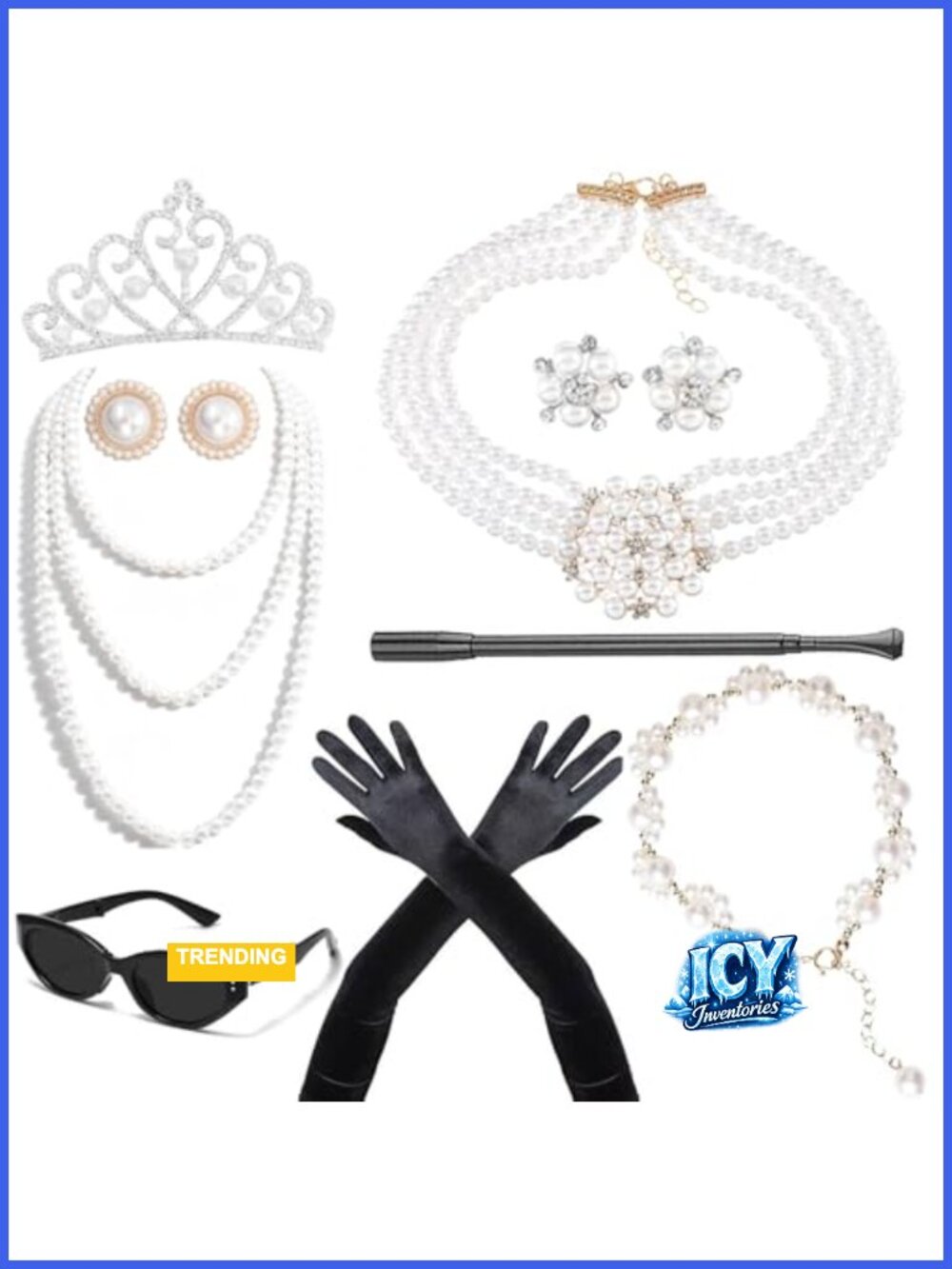 8pc 1920s Costume Jewelry Set Pearl Necklace Earrings Gloves Sunglasses Tiara